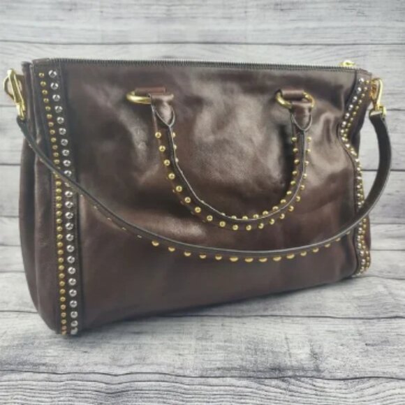 Authentic PRADA Glace Calf Brown Studded Tote Bag w/Dust Cover and COA BL0616 - Picture 4 of 4